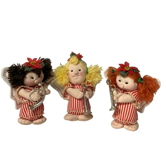 Vintage Christmas Angel Dolls Band Trumpets Horn Nostalgia set 3 handmade soft - Picture 14 of 14